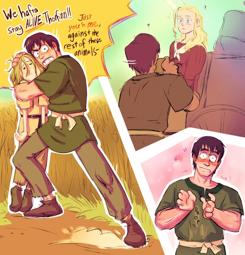 ! !! 1girl 2boys ? angry arnheid beard_stubble belt blonde_hair blue_eyes blush brown_hair character_name closed_mouth einar_(vinland_saga) english_text facial_hair heart hetero highres motion_lines multiple_boys outdoors panels parted_lips shantirittgers sky speech_bubble stubble teeth thorfinn tunic vinland_saga wheat wheel