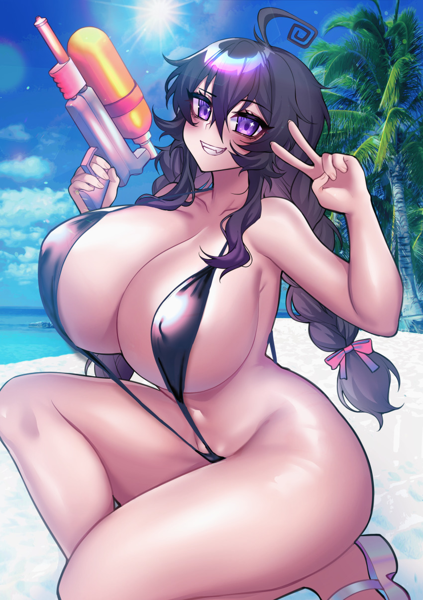 1girl absurdres ahoge beach blush breasts crawling_dreams curvy fang highres holding huge_breasts long_hair looking_at_viewer merryweather messy_hair navel nyarla_(osiimi) original osiimi outdoors palm_tree purple_eyes purple_hair revealing_clothes skin_fang slingshot_swimsuit smile summer swimsuit thick_thighs thighs tree twintails v very_long_hair water_gun wide_hips