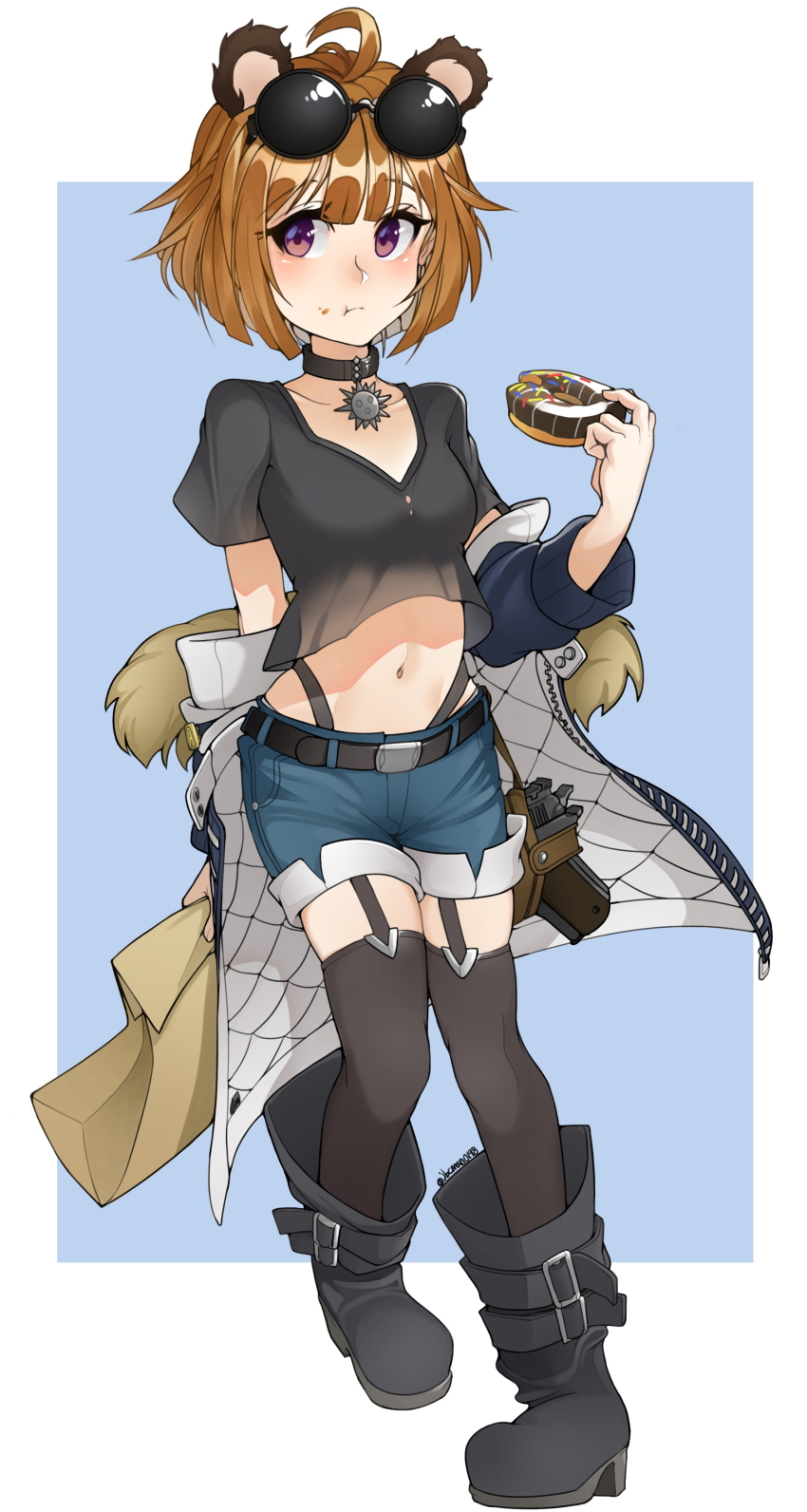 1girl absurdres ahoge animal_ears artist_name bear_ears belly belt belt_buckle black_belt black_boots black_neckwear black_shirt black_thighhighs blue_background blush boots breasts brown_hair buckle choker closed_mouth collarbone denim denim_shorts donut eating eyewear_on_head female_focus food full_body girls&#039;_frontline grizzly_mkv_(girls&#039;_frontline) grizzly_mkv_(teddy_transform!)_(girls&#039;_frontline) gun handgun highres holding holding_food holster holstered jacket l.a.r._manufacturing lar_grizzly_win_mag looking_to_the_side metro_(jbcman0198) navel pistol purple_eyes shirt short_hair shorts simple_background solo standing sunglasses t-shirt thighhighs weapon zettai_ryouiki