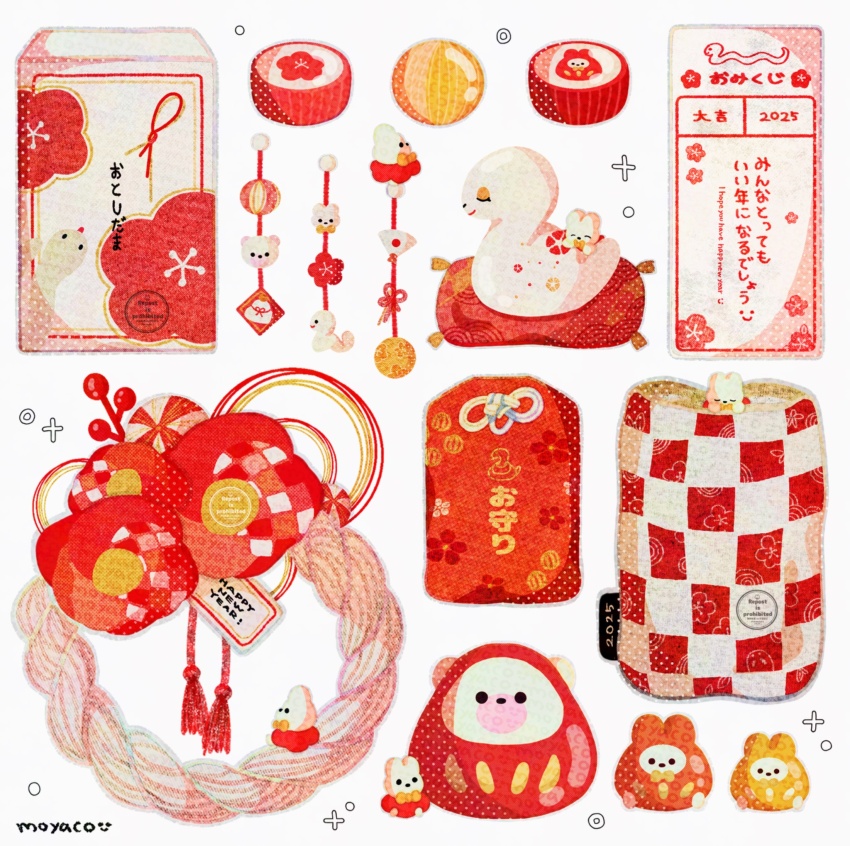 accessories animal artist_name bracelet candy commentary creature english_commentary envelope figure food highres jewelry knolling moyaco no_humans original red_theme signature simple_background smile sparkle translation_request white_background