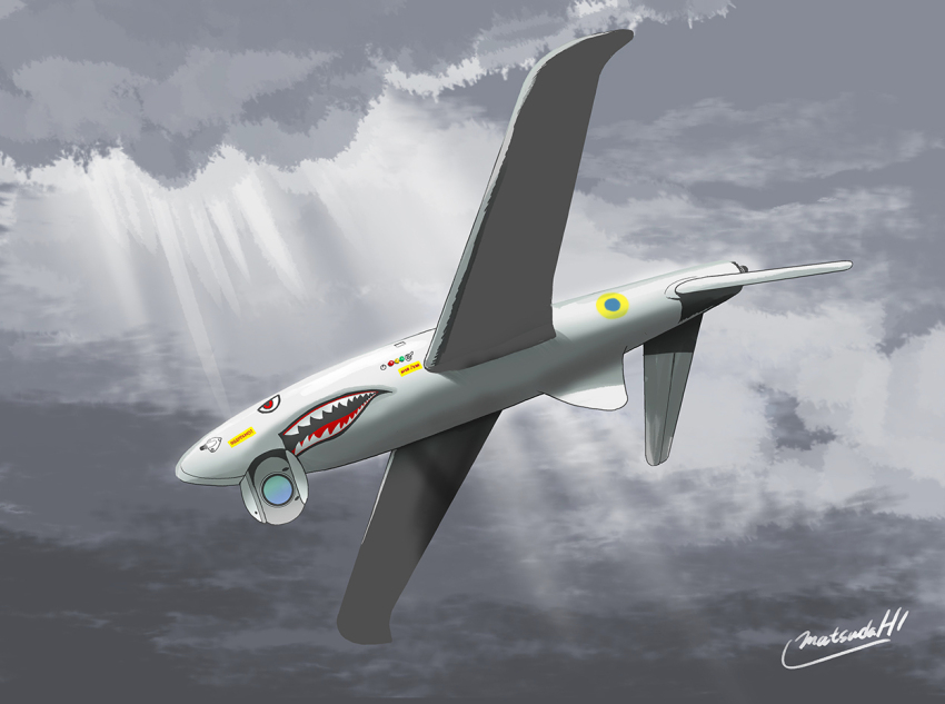 artist_name commentary flying grey_sky light_rays matsuda_juukou military_vehicle no_humans nose_art original overcast russo-ukrainian_war shark_nose_art sky unmanned_aerial_vehicle ukrainian_air_force ukrspecsystems_shark