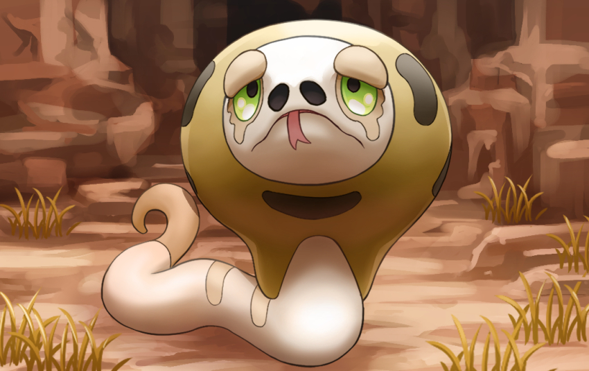 commentary creature full_body gen_8_pokemon grass green_eyes hakuginnosora nintendo no_humans pokemon pokemon_(creature) pokemon_focus rock silicobra snake solo tongue tongue_out