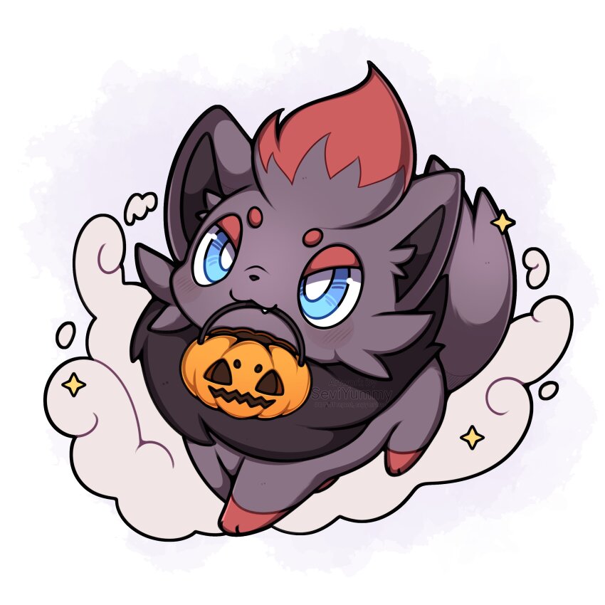absurdres animal_focus black_fur blue_eyes closed_mouth full_body gen_5_pokemon halloween_bucket highres holding nintendo no_humans pokemon pokemon_(creature) pokemon_focus red_fur sevi_(seviyummy) smile solo star_(symbol) zorua
