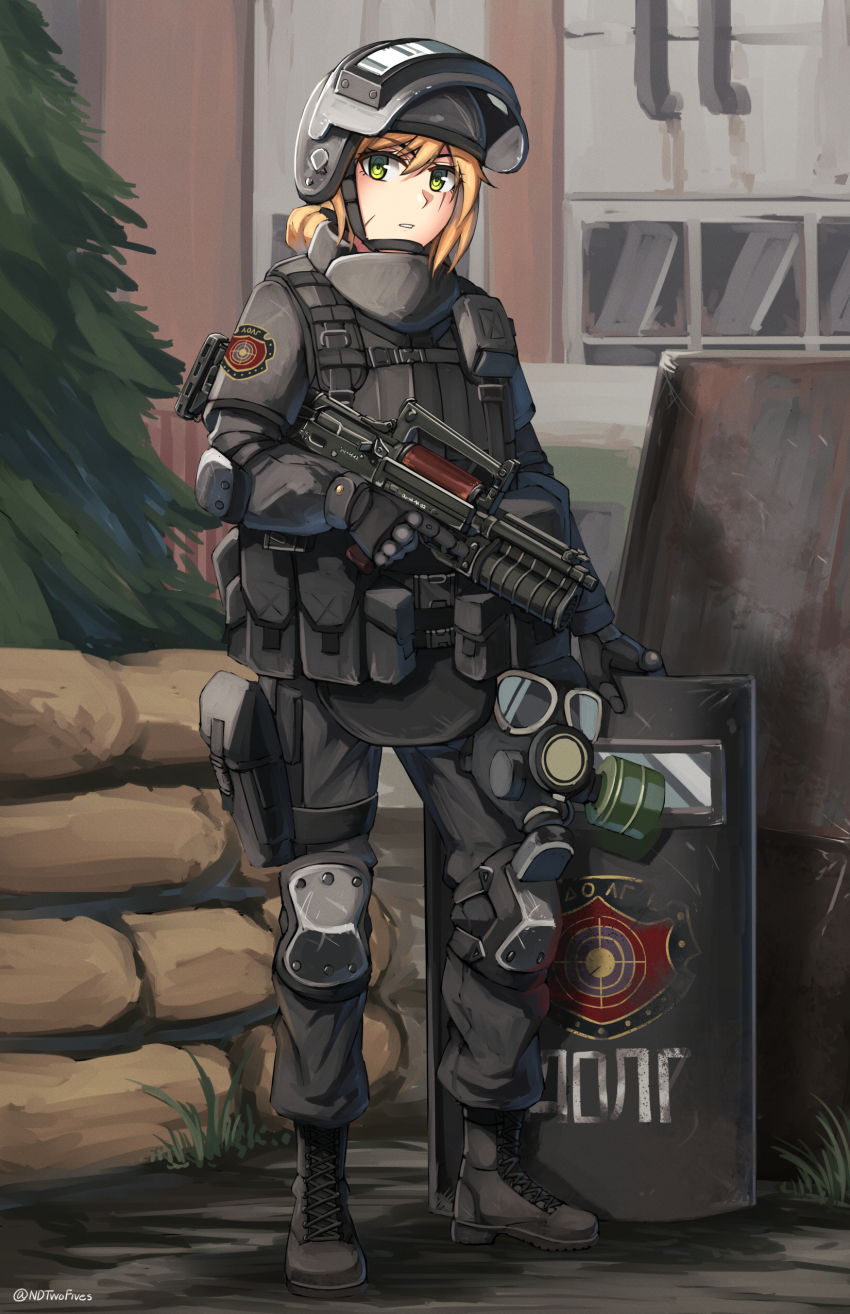1girl absurdres arsenal_ad assault_rifle ballistic_face_shield ballistic_helmet ballistic_shield black_boots black_gloves black_jacket black_pants boots building bullpup caseless_firearm commentary day english_commentary facial_scar female_focus gas_mask gloves gp-30 green_eyes grenade_launcher grey_headwear gun hair_between_eyes helmet highres holding holding_gun holding_weapon izhmash jacket kalashnikov_concern lace-up_boots long_sleeves looking_at_viewer mask ndtwofives ots-14_groza outdoors pants parted_lips pine_tree pmk-3 rifle riot_shield sandbag scar scar_across_eye scar_on_cheek scar_on_face shield solo stalker_(game) standing stc_delta tree trigger_discipline tskib_soo twitter_username underbarrel_grenade_launcher weapon zastava_arms