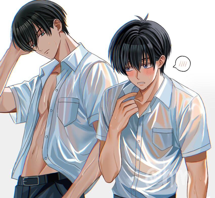 2boys aqua_eyes arm_up belt black_hair black_pants blue_eyes blue_lock blush closed_mouth hair_between_eyes highres hyohls2_(hamao3o) isagi_yoichi itoshi_rin male_focus multiple_boys muscular muscular_male navel pants shirt short_hair stomach teeth wet white_background white_shirt