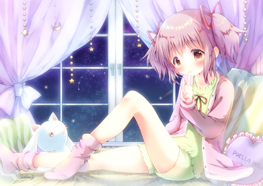 1girl arm_at_side bare_legs bed bed_sheet bedroom cardigan chain character_doll closed_mouth collarbone commentary constellation crescent_moon curtains cushion finger_to_mouth flat_chest frills full_body green_shorts hair_ribbon hand_up head_tilt highres hoshikage_wataru indoors kaname_madoka knee_up kyubey light_blush light_smile looking_at_viewer loose_socks mahou_shoujo_madoka_magica mahou_shoujo_madoka_magica_(anime) moon moon_(ornament) nebula night night_sky no_shoes on_bed open_cardigan open_clothes pajamas pillow pink_cardigan pink_hair pink_socks red_ribbon ribbon shooting_star shorts signature sitting sky socks solo star_(sky) star_(symbol) starry_sky tareme twintails window