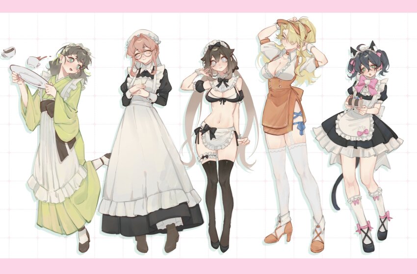 5girls animal_ears apron bikini black_bikini black_bow black_hair black_thighhighs blonde_hair bow bowtie breasts brown_hair cleavage cup degrees_of_lewdity dress eyebrow_piercing food full_body garter_straps glasses green_eyes green_kimono hair_between_eyes hair_intakes hair_over_one_eye hair_ribbon hat high_heels highres japanese_clothes kimono kylar_(degrees_of_lewdity) kylar_(female)_(degrees_of_lewdity) large_breasts long_hair long_sleeves low_twintails maid maid_bikini maid_day maid_headdress mob_cap multiple_girls open_mouth piercing pink_bow pink_bowtie pink_ribbon player_character_(degrees_of_lewdity) player_character_(female)_(degrees_of_lewdity) ribbon robin_(degrees_of_lewdity) robin_(female)_(degrees_of_lewdity) short_sleeves side-tie_bikini_bottom simple_background socks standing swimsuit sydney_(degrees_of_lewdity) sydney_(female)_(degrees_of_lewdity) tail thighhighs twintails unconventional_maid visor_cap wa_maid waist_apron white_apron white_socks white_thighhighs whitney_(degrees_of_lewdity) whitney_(female)_(degrees_of_lewdity) you_niao