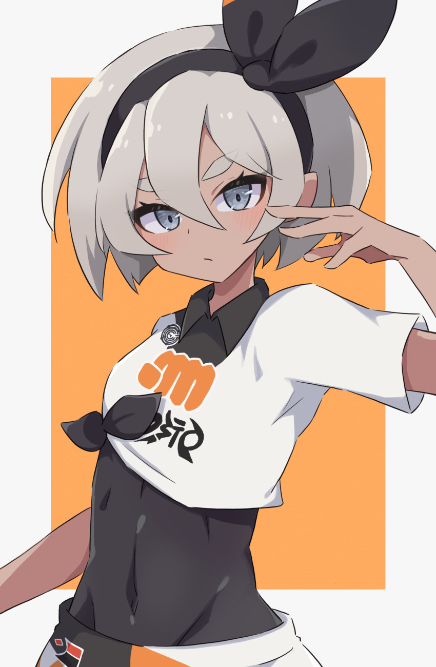 1girl absurdres bea_(pokemon) black_hairband blush bodysuit bodysuit_under_clothes border bow_hairband closed_mouth collared_shirt commentary covered_navel eyelashes grey_eyes grey_hair hair_between_eyes hairband hand_up highres looking_at_viewer nintendo orange_background piyo_to_game pokemon pokemon_swsh print_shirt shirt short_hair short_sleeves shorts solo tied_shirt white_border white_shirt white_shorts
