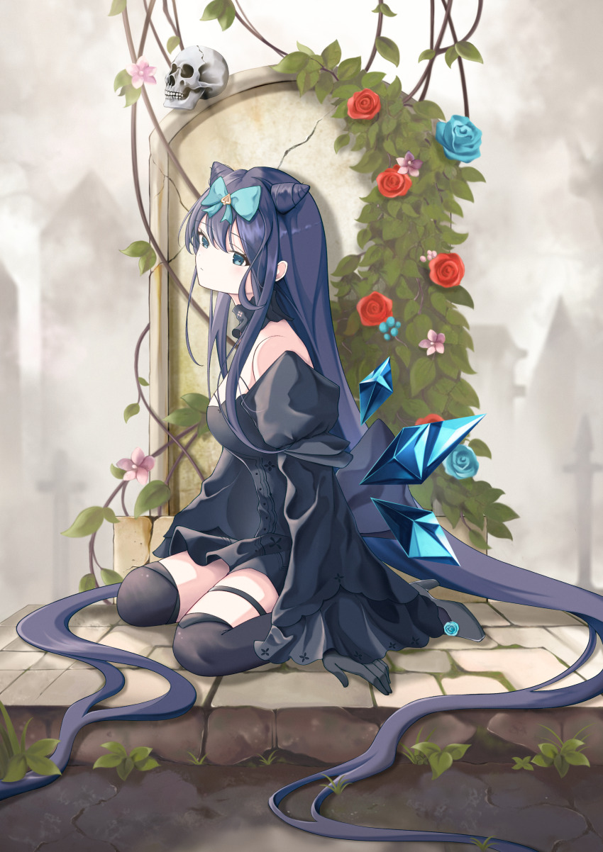 1girl absurdres arcaea bare_shoulders black_dress black_gloves black_hair blue_eyes blunt_bangs boots bow breasts butterfly_hair_ornament cleavage collarbone dress earrings flower from_side garter_straps gloves grave hair_bow hair_ornament highres hoshihan_hoshi_han jewelry long_hair long_sleeves medium_breasts rose sitting skull solo tairitsu_(arcaea) tairitsu_(tempest)_(arcaea) thigh_boots thighhighs thighs wariza