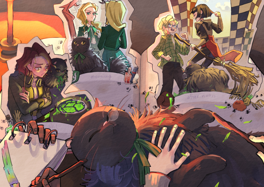 black_cat black_hair blonde_hair broom brown_hair cassandra_vole cat cauldron commentary_request crossed_arms da_dada_dadada daniel_page glasses golden_snitch harry_potter:_magic_awakened harry_potter_(series) highres holding holding_broom holding_wand kevin_farrell multiple_boys multiple_girls nose_bubble pop-up_book robyn_thistlethwaite skirt wand wizarding_world