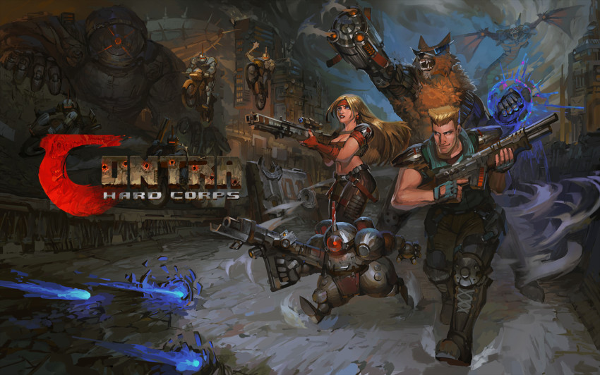 1girl 2boys aircraft alien arm_cannon army battle blonde_hair body_armor boots brad_fang browny bullet_hole chasing cityscape contra contra_hard_corps cyborg damaged dirty dust energy energy_gun fangs fingerless_gloves firing flying game_console gameplay_mechanics gloves gun highres konami long_hair mecha mechanical_arms monster motor_vehicle motorcycle multiple_boys mutant one-eyed ray_poward realistic robot ruins running science_fiction sega_mega_drive sheena_etranzi short_hair shotgun single_mechanical_arm size_difference smoke spacecraft sunglasses weapon werewolf when_you_see_it zeusdex