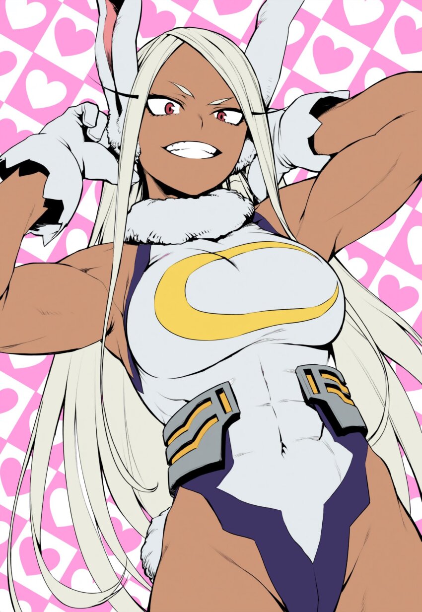 1girl animal_ears armpits arms_behind_head arms_up bare_shoulders boku_no_hero_academia breasts commentary covered_abs covered_navel crescent_print dark-skinned_female dark_skin english_commentary fur_collar gloves heart heart_print highleg highleg_leotard highres large_breasts leotard long_eyelashes long_hair looking_at_viewer mirko parallaxfused parted_bangs print_background rabbit_ears rabbit_girl rabbit_tail red_eyes sleeveless_turtleneck_leotard smile solo tail taut_leotard thighs toned toned_female very_long_hair white_gloves white_hair white_leotard