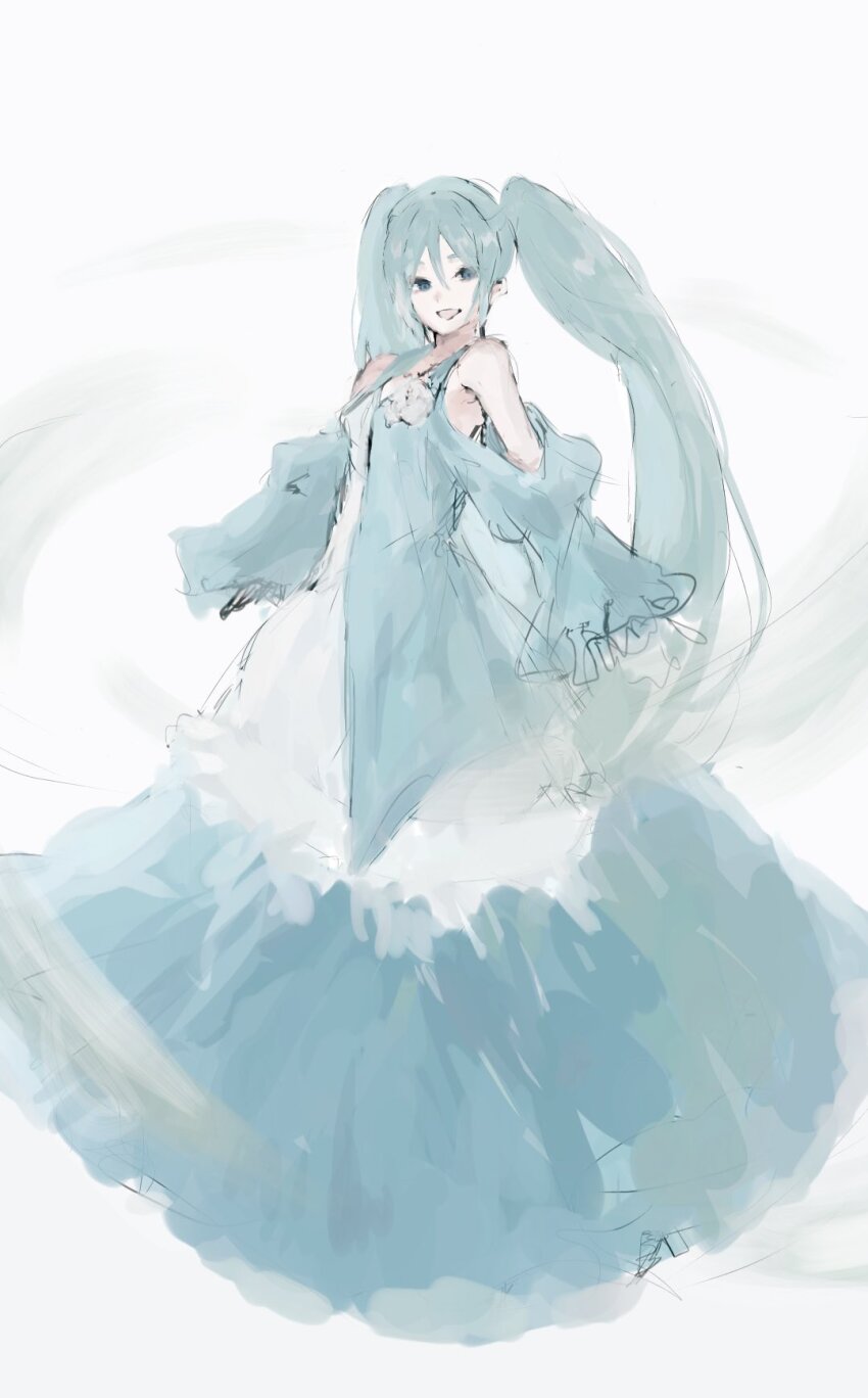 1girl aqua_dress aqua_eyes aqua_hair bare_shoulders clothing_cutout dress dress_flower evillious_nendaiki flower fog hair_between_eyes hatsune_miku highres long_dress long_hair looking_at_viewer ma_(nth6nd8yrg32528) margarita_blankenheim miasma multiple_views nemurase_hime_kara_no_okurimono_(vocaloid) pale_skin rose shoulder_cutout sketch smile solo turnaround twintails two-tone_dress very_long_hair vocaloid white_dress white_flower white_rose wide_sleeves