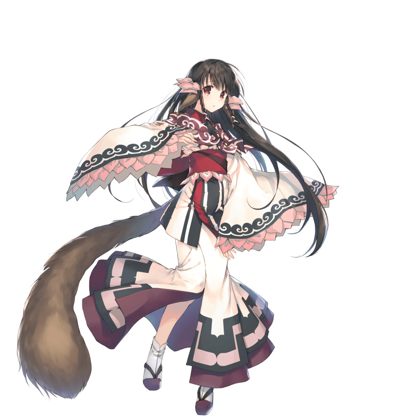 1girl ainu_clothes animal_ears black_hair bow braid full_body hair_between_eyes highres long_hair mitsumi_misato official_art red_eyes rulutieh twin_braids utawarerumono utawarerumono:_itsuwari_no_kamen