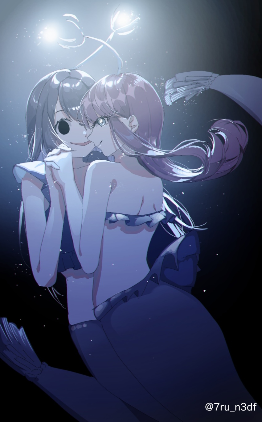 2girls 7ru_n3df anglerfish_girl artist_name bare_arms bare_shoulders black_eyes black_hair blue_eyes commentary fishing_lure highres holding_hands illicium interlocked_fingers kimi_no_koto_ga_dai_dai_dai_dai_daisuki_na_100-nin_no_kanojo long_hair looking_at_viewer mermaid monster_girl monsterification multiple_girls no_pupils open_mouth purple_hair saiki_himeka smile twitter_username underwater zetsubouda_meru
