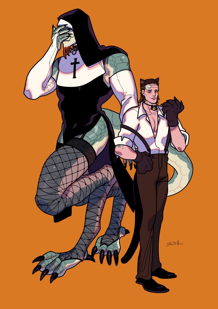 2boys animal_ears animal_feet animal_hands black_eyes black_footwear bridal_gauntlets brown_hair brown_pants cat_ears cat_paws cat_tail claws collared_shirt colored_skin commentary covering_face cross crossdressing digitigrade fake_tail fishnets full_body glasgow_smile gloves gradient_hair green_scales green_skin hand_on_own_hip hand_over_face hand_up highres identity_v lizard_tail looking_at_viewer luchino_(identity_v) luchino_diruse male_focus multicolored_hair multicolored_skin multiple_boys nun pants paw_gloves plunging_neckline reptile_boy saichiidv scales shirt short_hair signature simple_background skin_tight sleeveless standing suspenders symbol-only_commentary tail thighhighs toned toned_male white_shirt yellow_background