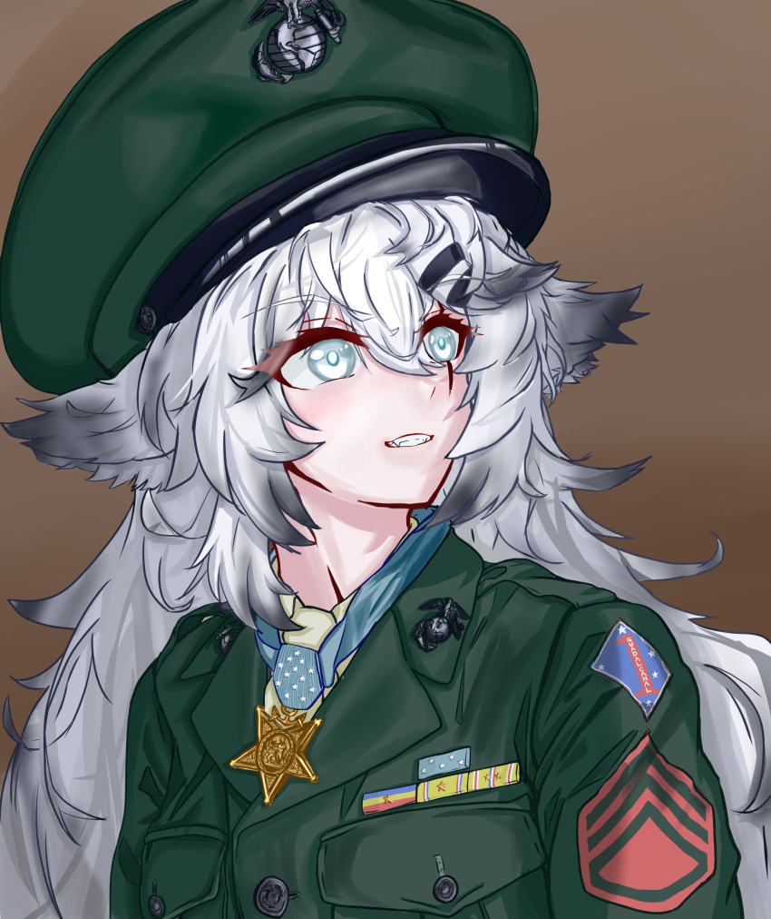 1girl :d absurdres animal_ears arknights blue_eyes breast_pocket brown_background buttons colored_eyelashes commentary cosplay english_commentary eyes_visible_through_hair green_hat green_jacket grey_hair grin gunnery_sergeant_john_basilone hair_between_eyes hair_ornament hairclip hat highres jacket lapels lappland_(arknights) long_hair looking_up lt_mue medal military_dress_uniform military_hat military_jacket military_uniform open_mouth photo-referenced pocket scar scar_across_eye scar_on_face smile solo star_(symbol) teeth turning_head united_states_marine_corps united_states_medal_of_honor upper_body wolf_ears wolf_girl