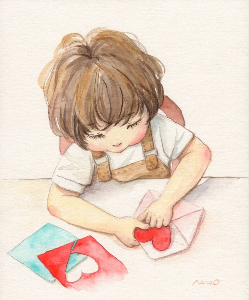 1girl brown_hair closed_eyes heart highres holding letter love_letter nanao_(nanao_hideout) original painting_(medium) paper_cutout shirt short_hair short_sleeves signature solo suspenders traditional_media watercolor_(medium) white_shirt