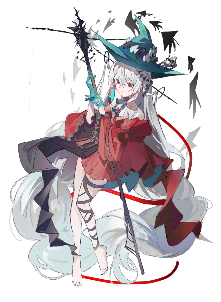 1girl absurdres angelfish aqua_gloves aqua_hat arknights ascot bare_shoulders barefoot black_ascot breasts closed_mouth clothing_cutout detached_sleeves dress fish floating floating_hair full_body gloves hair_between_eyes hair_ribbon hat highres holding holding_staff leg_ribbon long_hair long_sleeves low-tied_long_hair navel_cutout off-shoulder_dress off_shoulder official_alternate_costume pointy_hat red_dress red_eyes red_sleeves ribbon shuxiuxiao simple_background skadi_(arknights) skadi_the_corrupting_heart_(arknights) solo staff tropical_fish very_long_hair white_background white_hair