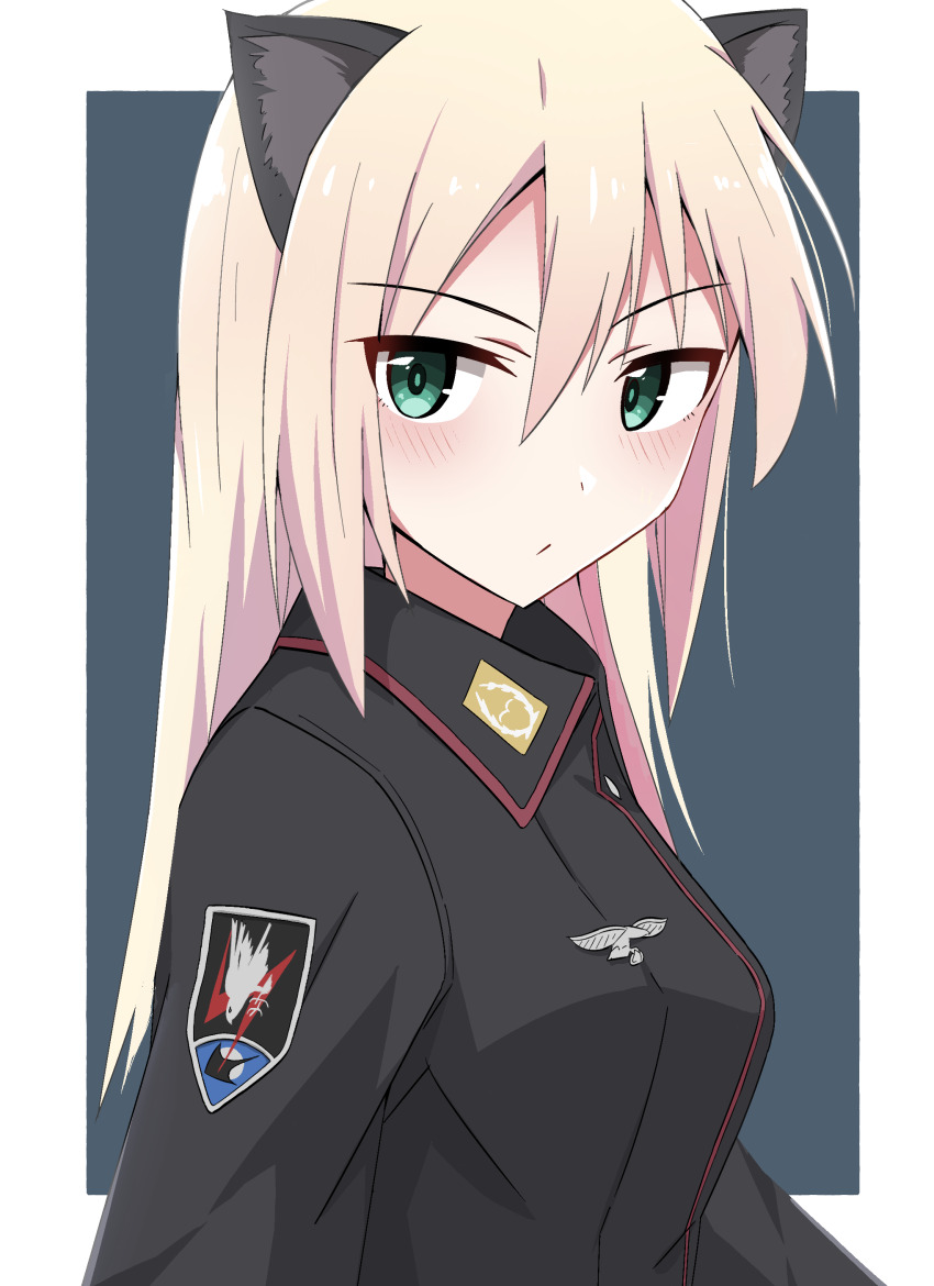 1girl absurdres animal_ears aqua_eyes black_jacket blonde_hair blue_background blush border cat_ears closed_mouth emu_1316 hair_between_eyes heinrike_prinzessin_zu_sayn-wittgenstein highres jacket long_hair looking_at_viewer military_uniform noble_witches outside_border patch shoulder_patch solo two-tone_background white_border world_witches_series
