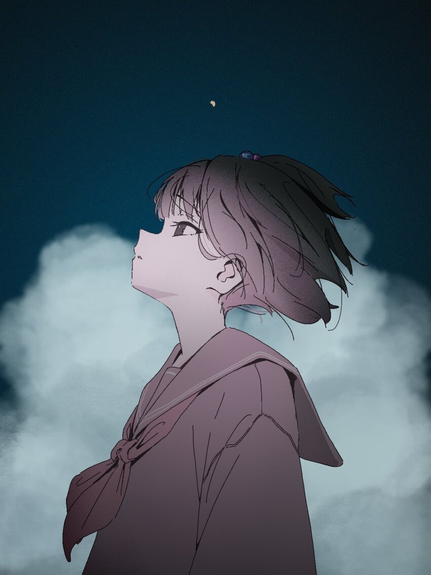 1girl amemori_sayo black_eyes black_hair black_sailor_collar black_shirt cloud floating_hair gujin_(tp_acid) hair_bobbles hair_ornament half_moon highres looking_up moon neckerchief night nijisanji one_side_up outdoors parted_lips profile red_neckerchief sailor_collar school_uniform serafuku shirt short_hair solo upper_body virtual_youtuber wind