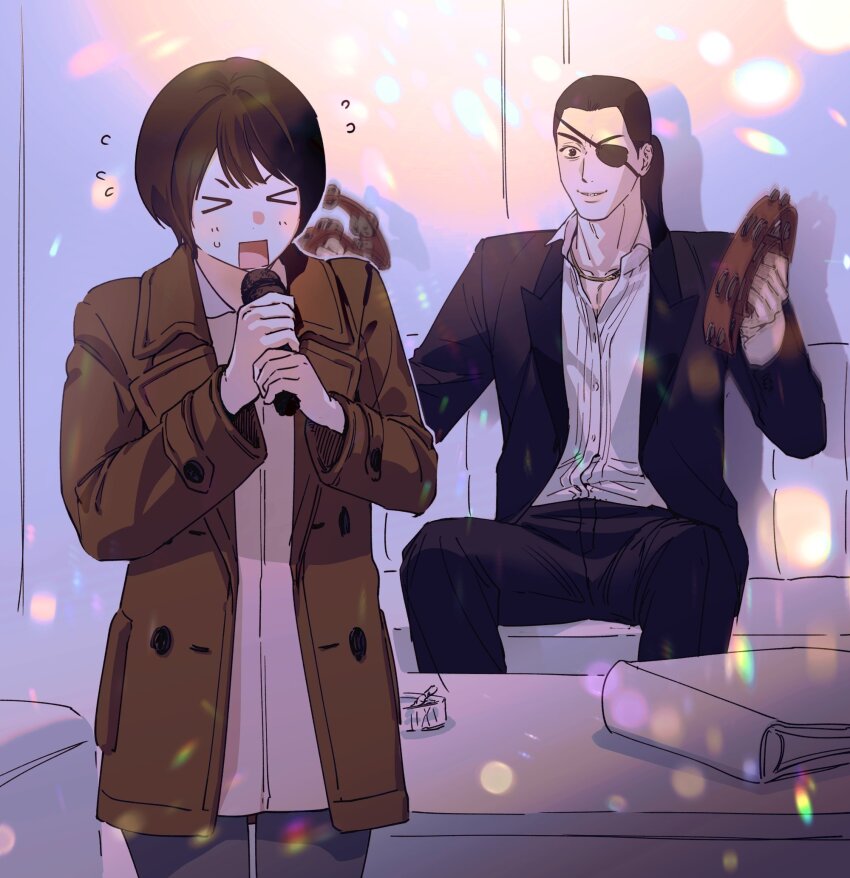 &gt;_&lt; 1boy 1girl ashtray black_eyes black_pants black_suit blind bob_cut book brown_coat brown_hair chain chain_necklace cigarette coat couch eyepatch formal_clothes happy highres holding holding_microphone instrument jewelry karaoke majima_goro makimura_makoto microphone music necklace noearykz on_couch pants ponytail rectangular_mouth ryuu_ga_gotoku_(series) ryuu_ga_gotoku_0 shirt shy singing sitting smile standing suit sweatdrop tambourine v-shaped_eyebrows white_shirt