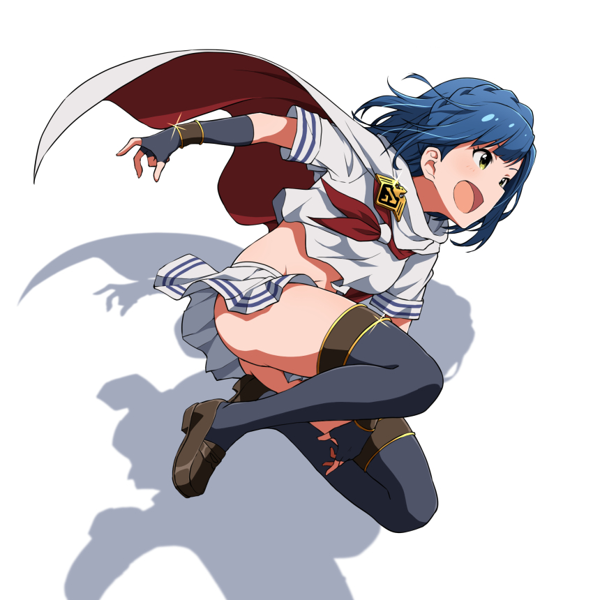 amulet asanaya black_gloves black_thighhighs blue_hair braid cloak crop_top fingerless_gloves full_body gloves highres idol_heroes_(idolmaster) idolmaster idolmaster_million_live! idolmaster_million_live!_theater_days jumping kneeling loafers medium_hair mighty_sailor miniskirt nanao_yuriko navel neckerchief no_panties open_mouth pleated_skirt red_neckerchief school_uniform serafuku shirt shoes simple_background skirt smile stomach thighhighs white_cloak white_shirt white_skirt yellow_eyes zettai_ryouiki