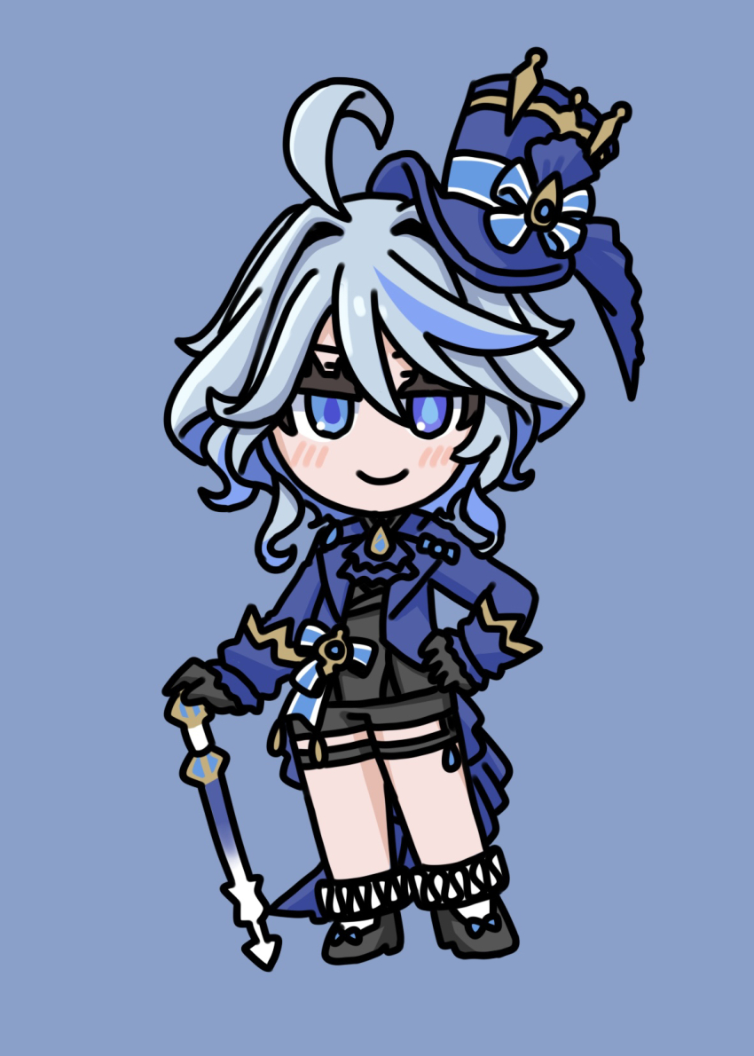 1girl black_gloves black_shirt black_shoes black_shorts blue_eyes blue_hair blue_hat blue_jacket blush brooch cane chibi closed_mouth commentary_request full_body furina_(genshin_impact) genshin_impact gloves grey_hair hair_between_eyes hair_intakes hat heterochromia high_heels highres jacket jewelry looking_at_viewer mokkyo_(motkyo) multicolored_hair purple_eyes shirt shoes short_shorts shorts smile solo standing streaked_hair tilted_headwear top_hat two-tone_hair