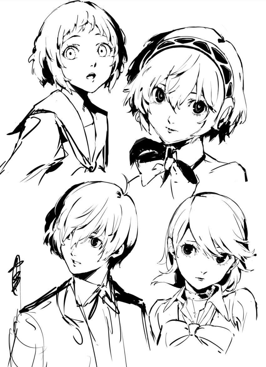 1boy 3girls aigis_(persona) bow choker closed_mouth greyscale highres lips looking_at_viewer monochrome multiple_girls nakano_maru open_mouth persona persona_3 short_hair simple_background sketch takeba_yukari white_background yamagishi_fuuka yuuki_makoto_(persona_3)