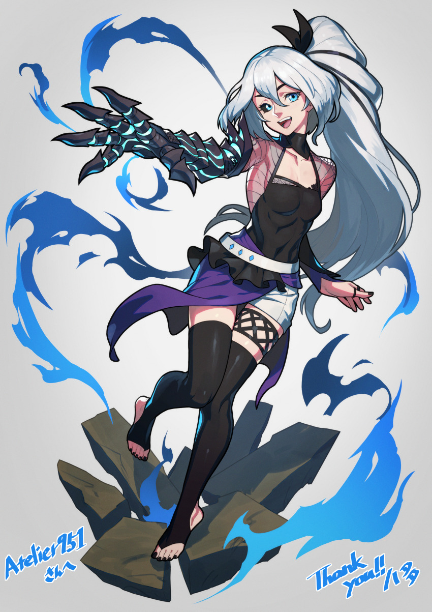 1girl absurdres aiming attack black_nails black_ribbon black_sclera black_shirt black_thighhighs blue_eyes broken_ground claws colored_sclera commission commissioner_name demon_girl eris_(atelier951) feet grey_background hata4564 heterochromia highres incoming_attack magic nail_polish non-web_source open_mouth original powering_up ribbon see-through_clothes see-through_shirt shadow shiny_clothes shiny_skin shirt shorts single_fishnet_legwear skeb_commission skipping solo standing standing_on_one_leg stirrup_legwear teeth thank_you thighhighs toeless_legwear toenail_polish toenails tongue upper_teeth_only white_background white_hair white_shorts