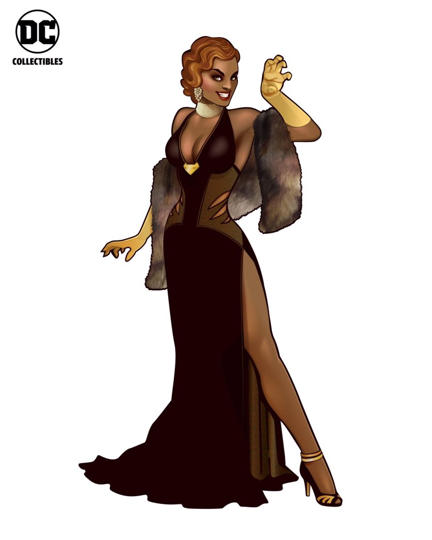 1girl ant_lucia black_dress bob_cut bombshells breasts choker cleavage copyright_name dark_skin dark-skinned_female dc_comics dress earrings eyeshadow female_focus formal_clothes full_body gloves halterneck high_heels highres jewelry lipstick makeup mari_jiwe_mccabe official_art parted_lips shawl side_slit simple_background sleeveless sleeveless_dress smile solo standing teeth vixen_(dc) yellow_gloves