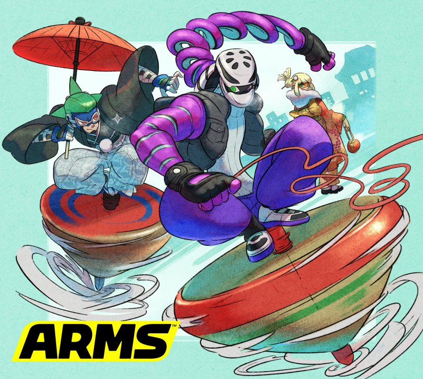 1girl 2018 2boys aqua_background arms_(game) beanie blonde_hair chain domino_mask food goggles green_eyes green_hair hat helmet highres japanese_clothes kid_cobra kimono long_hair looking_at_viewer male_focus mask min_min_(arms) multiple_boys new_year ninjara_(arms) noodles ponytail short_hair simple_background smile