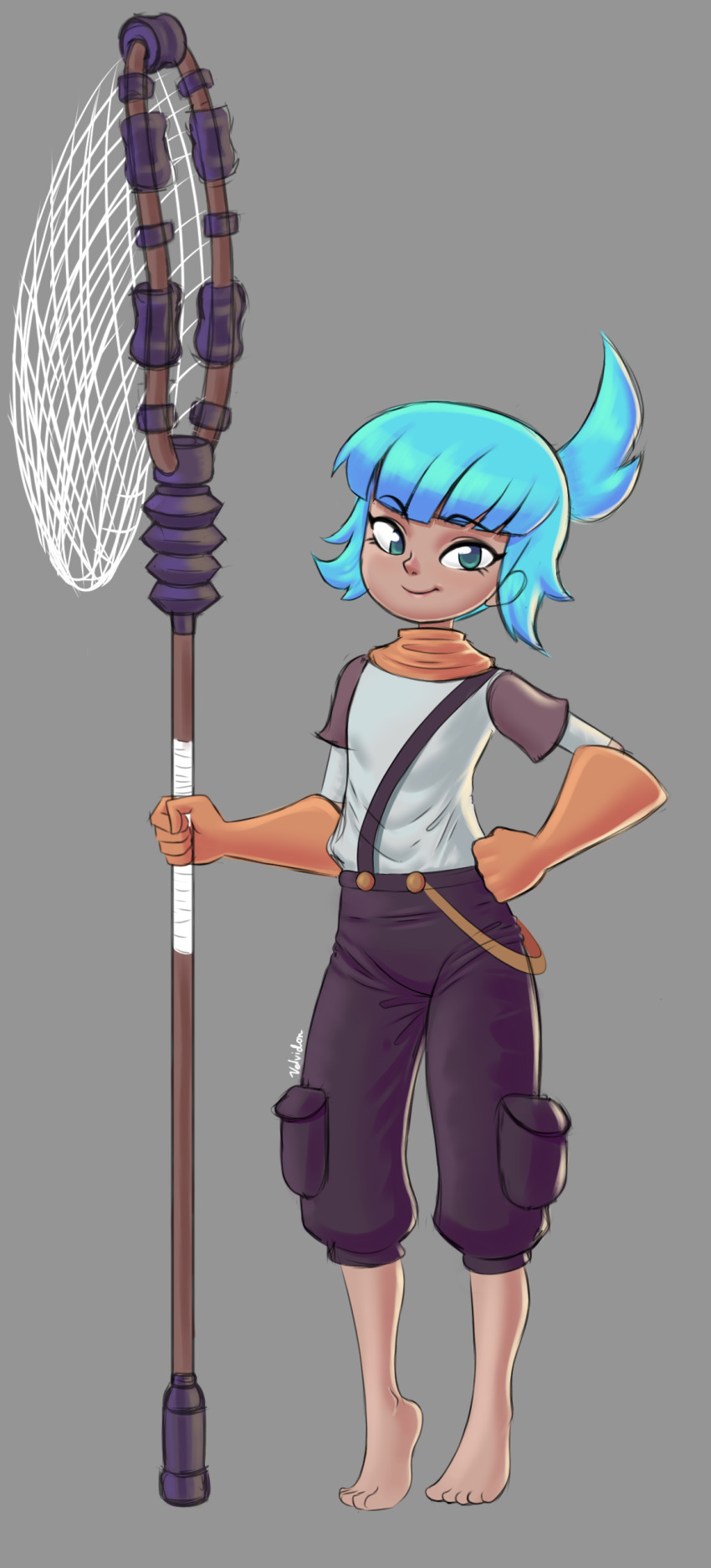 1girl 2023 absurdres artist_name barefoot blue_hair ear_visible_through_hair fist_on_hip flat_chest gloves grey_background highres holding holding_net holding_staff pockets_visible ponytail scarf shirt sigrid_(wavetale) solo staff tiptoes velvidon wavetale white_shirt yellow_gloves yellow_scarf