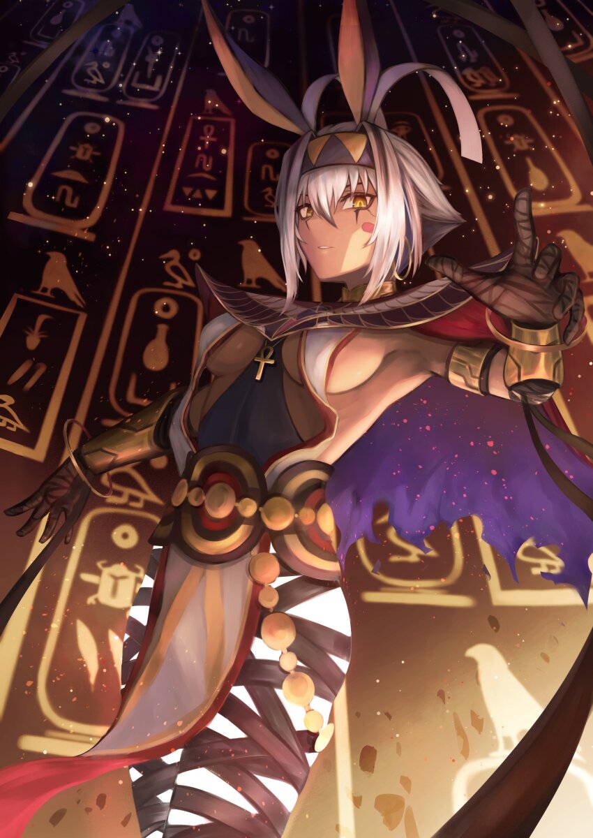 1girl absurdres animal_ears ankh ankh_necklace bandaged_hand bandages breasts dark-skinned_female dark_skin earrings facepaint facial_mark fate/grand_order fate_(series) glowing_skin hairband highres hoop_earrings jackal_ears jewelry looking_at_viewer medium_breasts nitocris_(fate) nitocris_alter_(fate) nitocris_alter_(second_ascension)_(fate) short_hair sidelocks solo sushisnek usekh_collar white_hair yellow_eyes
