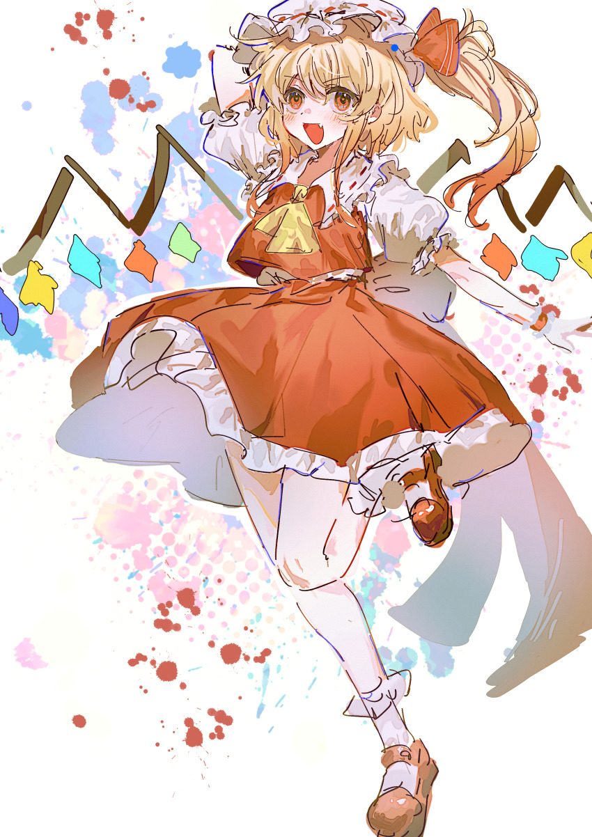 1girl absurdres ascot blonde_hair blood blood_splatter collared_shirt fang flandre_scarlet flat_chest frilled_skirt frilled_sleeves frills full_body hat hat_ribbon highres huangdouliuhan leg_up mary_janes mob_cap open_mouth puffy_short_sleeves puffy_sleeves red_eyes red_ribbon red_shoes red_skirt red_vest ribbon shirt shoes short_sleeves side_ponytail sketch skirt smile socks solo touhou vest white_hat white_socks wings wrist_cuffs yellow_ascot