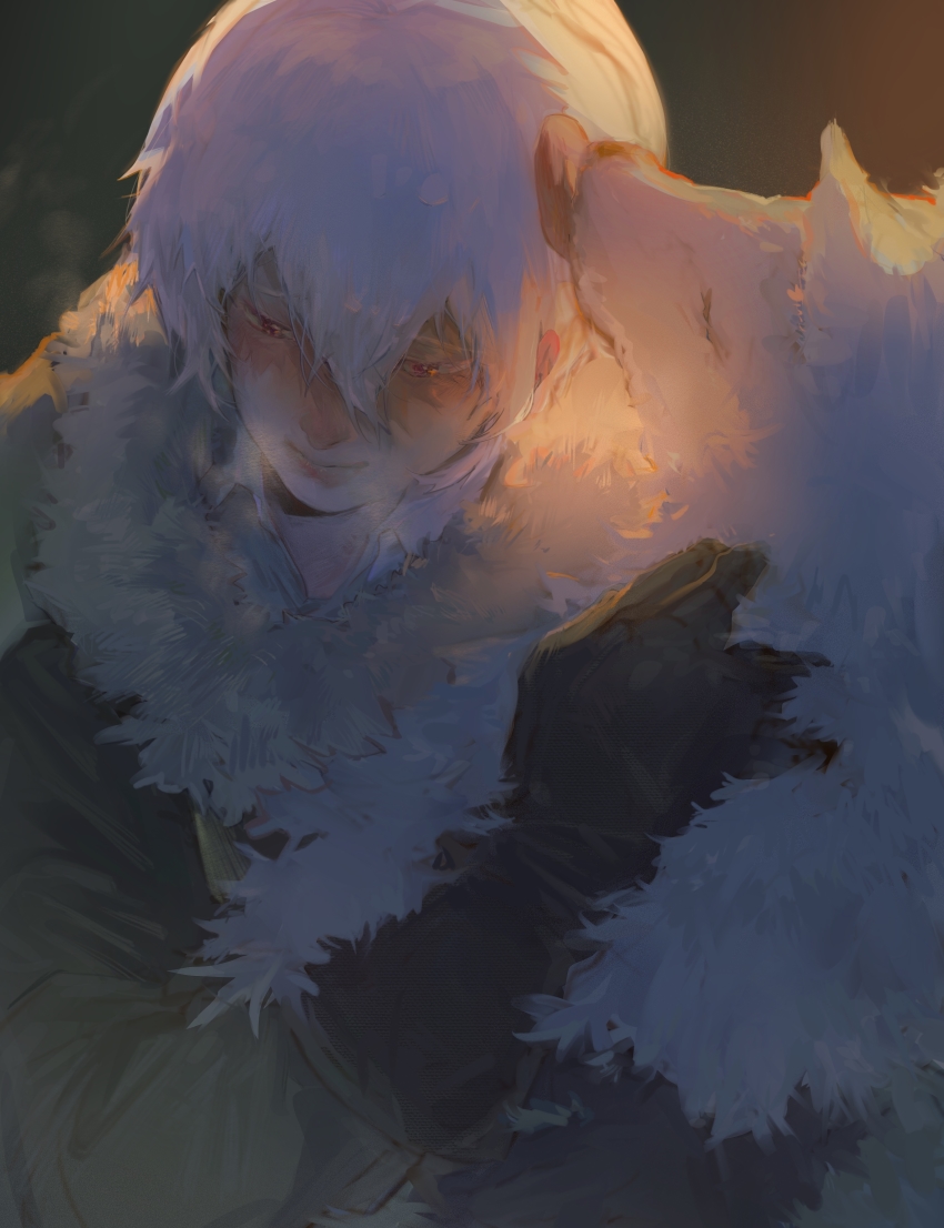 1boy absurdres affectionate animal backlighting blush breath brown_gloves closed_eyes closed_mouth fumetsu_no_anata_e fur_trim fushi gloves hair_between_eyes half-closed_eyes hand_up highres jacket joan_(fumetsu_no_anata_e) licking licking_another&#039;s_head long_sleeves looking_away looking_down looking_to_the_side male_focus purple_eyes smile sunlight the_nameless_boy_(fumetsu_no_anata_e) upper_body white_hair wolf zhishitudoudou