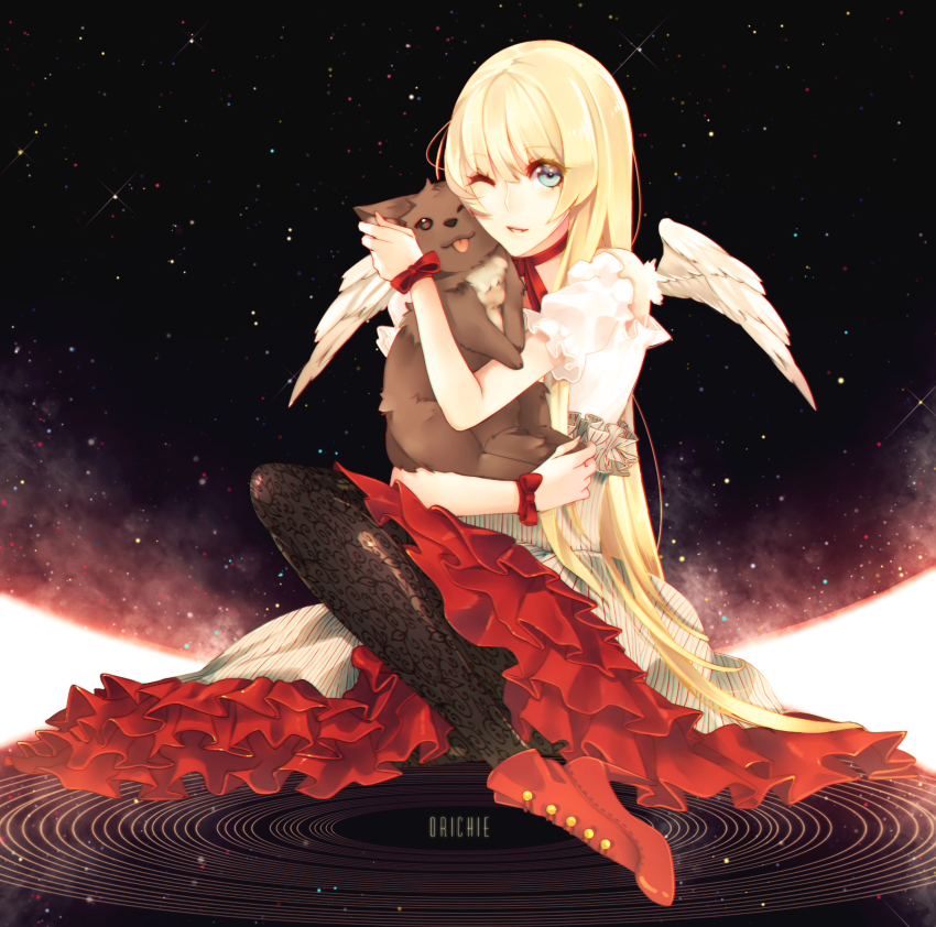 1girl absurdres animal bare_shoulders black_legwear choker dog dogs:_bullets_&amp;_carnage dress high_heels highres holding holding_animal nill one_eye_closed persona92 striped_clothes striped_dress tongue tongue_out wings