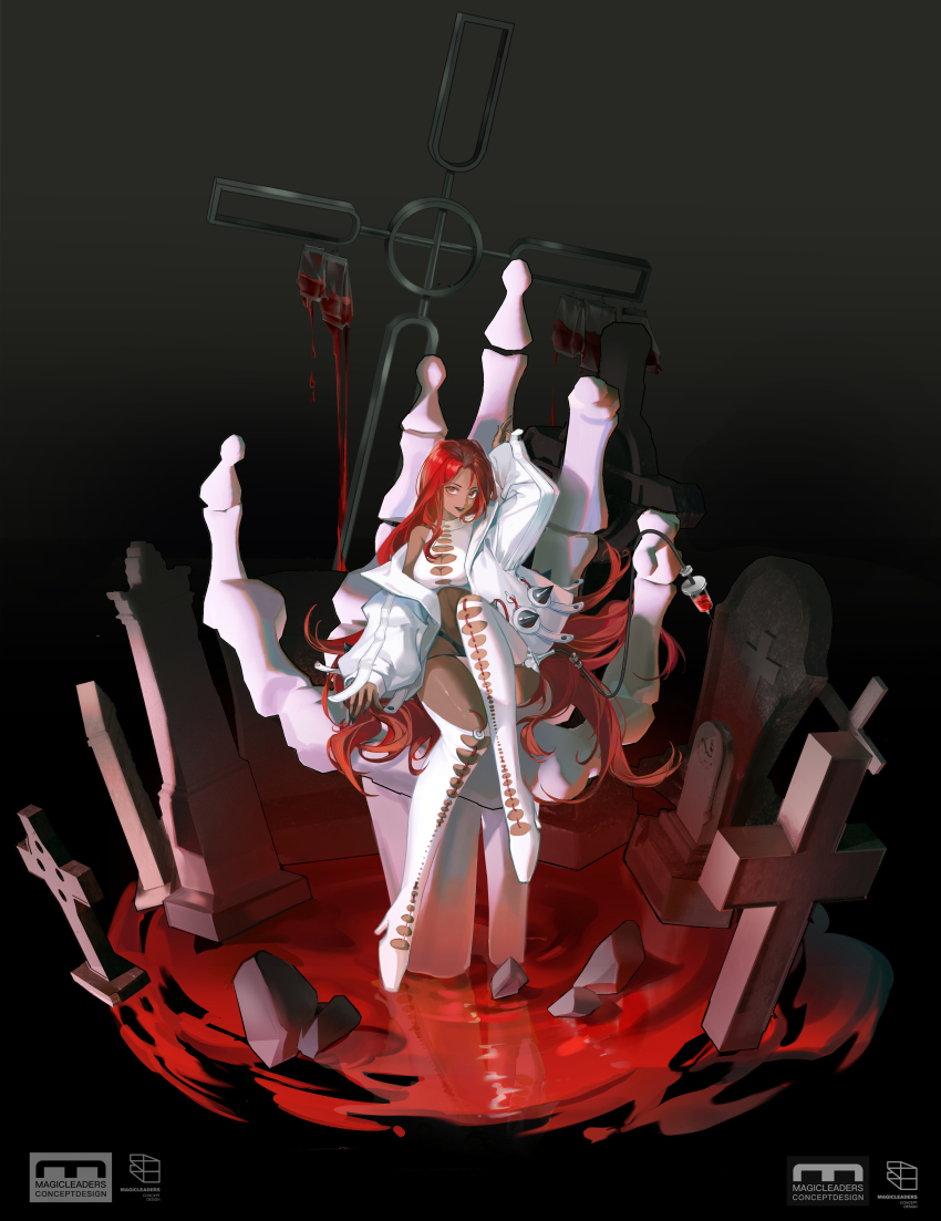 1girl absurdres aikou_echo black_background black_lips black_nails black_panties blood blood_bag boots breasts chinese_commentary cleavage commentary crop_top cross dark-skinned_female dark_skin forehead full_body giant_skeleton gradient_background grey_background high-waist_panties high_heels highres jacket linea_alba long_hair looking_at_viewer magicleaders medium_breasts needle open_clothes open_jacket original panties parted_bangs parted_lips puffy_sleeves red_eyes red_hair ripples rock shirt single_bare_shoulder single_off_shoulder sitting skeletal_hand skindentation sleeveless sleeveless_shirt smile solo spiked_jacket tachi-e thigh_boots tombstone underwear vampire very_long_hair white_boots white_jacket white_shirt