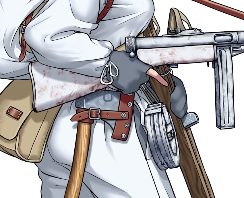 1girl axe bag black_gloves blood bloody_weapon breasts buckle camouflage casket_magazine character_request clothing_request copyright_request fingerless_gloves gloves gun hatchet hatchet_(axe) head_out_of_frame high-capacity_magazine jacket medium_breasts military military_uniform mittens ostwindprojekt pants satchel shooting_gloves skis submachine_gun suomi_kp/-31 tagme trigger_discipline weapon white_jacket white_pants
