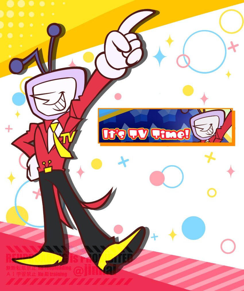 1boy ant_tenna arm_up bemani black_pants commentary_request crt deltarune gloves grin hand_on_own_hip highres jinnai_0067 long_sleeves male_focus necktie object_head pants parody pointing pointing_up pointy_nose pop&#039;n_music pop&#039;n_music_(style) shoes smile sparkle standing style_parody tailcoat watermark white_background white_gloves yellow_necktie yellow_shoes