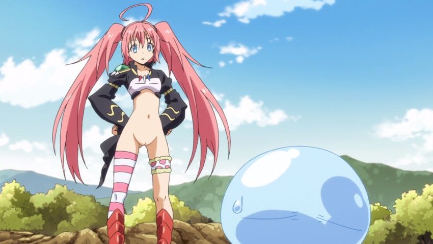 breasts cheese_patio cleft_of_venus flat_chest highres medium_breasts milim_nava nude_filter pussy rimuru_tempest slime small_breasts tensei_shitara_slime_datta_ken third-party_edit