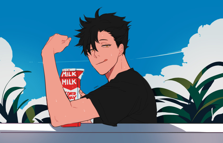 1boy arm_up black_hair black_shirt blue_sky cloud com_(com0107) commentary curled_fingers dated flexing haikyuu!! highres holding holding_milk_carton hot kuroo_tetsurou licking_lips looking_ahead male_focus milk milk_carton plant shirt signature sky solo spiked_hair sweat sweatdrop t-shirt tongue tongue_out upper_body yellow_eyes