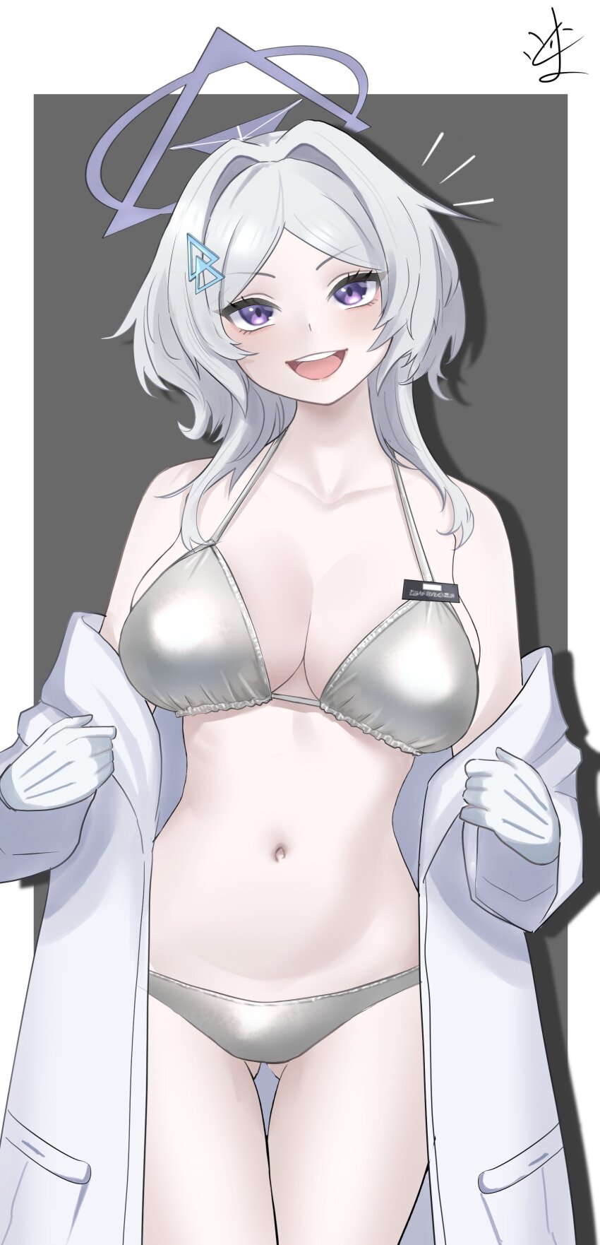 107569oekaki 1girl absurdres bikini blue_archive breasts cleavage coat collarbone gloves halo highres large_breasts long_sleeves looking_at_viewer mirai_(blue_archive) navel open_clothes open_coat open_mouth short_hair signature silver_bikini smile solo stomach swimsuit thigh_gap white_coat white_gloves white_hair