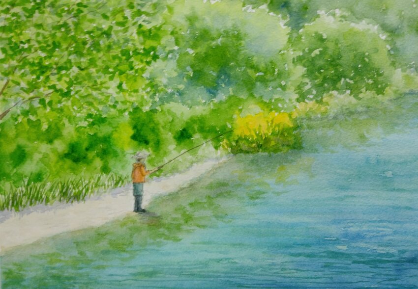 1other bush fishing fishing_rod grass highres holding holding_fishing_rod original painting_(medium) plant reflection reflective_water scenery solo tall_grass traditional_media tree water watercolor_(medium) yamaji_nao