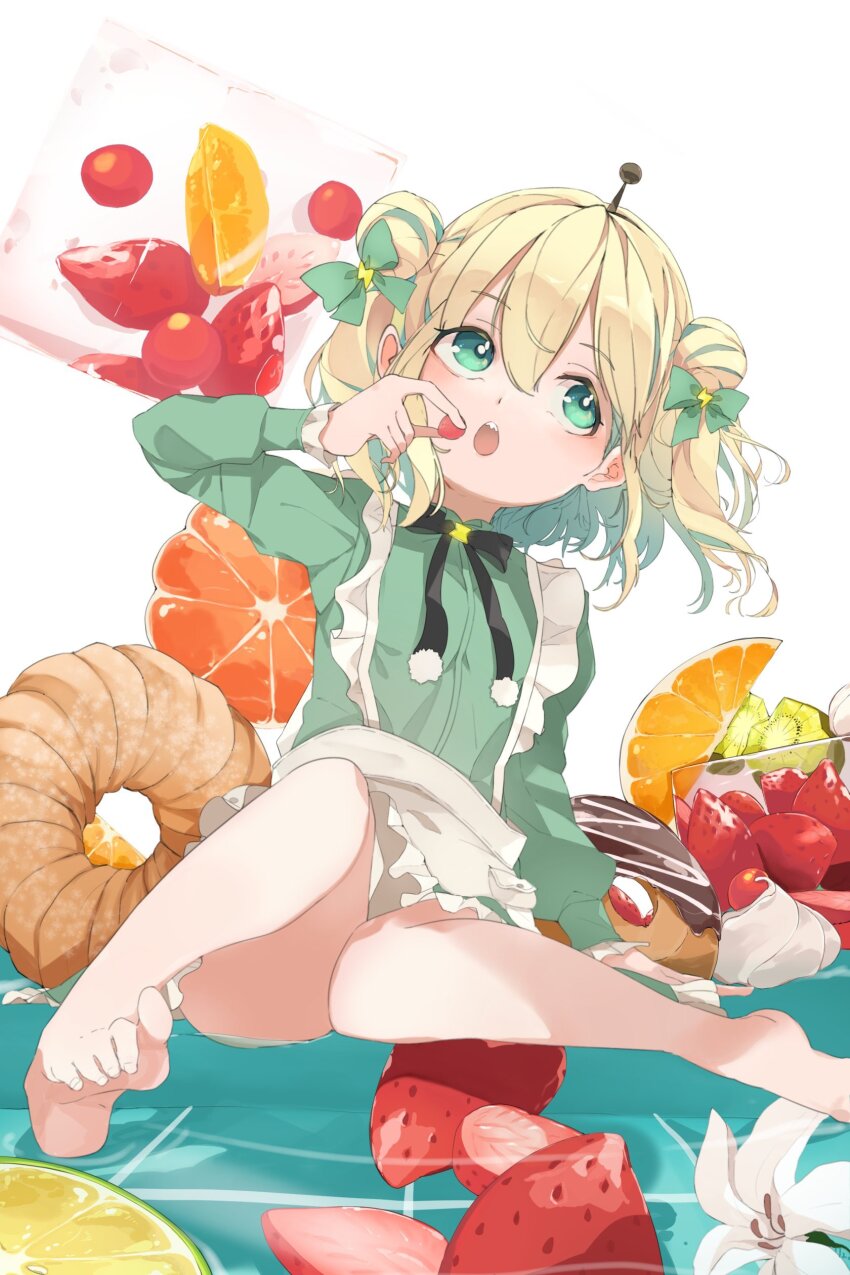 1girl absurdres amano_pikamee barefoot blonde_hair bow dessert double_bun donut food fruit green_bow green_hair hair_bow hair_bun hair_ornament hairband highres kiwi_(fruit) looking_at_viewer medium_hair multicolored_hair open_mouth orange_(fruit) ryo_(ryo_skrdi) sharp_teeth solo strawberry streaked_hair teeth upper_teeth_only virtual_youtuber voms