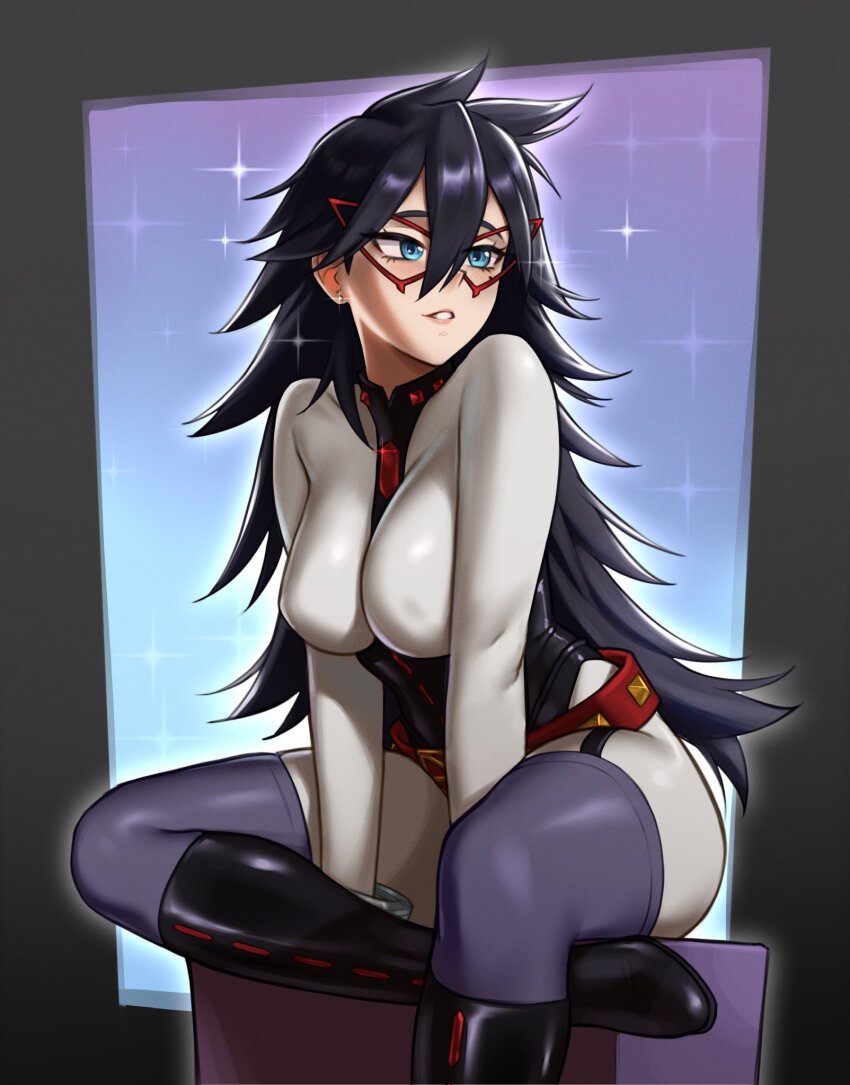 1girl black_boots black_hair black_leotard blue_eyes blush bodysuit boku_no_hero_academia boots breasts commentary cuffs domino_mask double-parted_bangs earrings english_commentary figure_four_sitting foot_out_of_frame garter_straps glint hair_between_eyes handcuffs highleg highleg_leotard highres hunybee jewelry knee_boots large_breasts leotard long_hair looking_to_the_side mask midnight_(boku_no_hero_academia) mole mole_under_eye purple_thighhighs sitting skin_tight solo sparkle stud_earrings superhero_costume thighhighs thighhighs_under_boots very_long_hair white_bodysuit