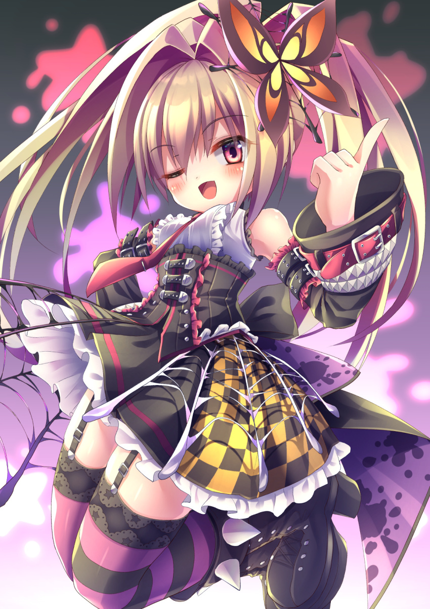 1girl bare_shoulders black_boots black_dress blonde_hair boots butterfly_hair_ornament dress emil_chronicle_online frilled_dress frills garter_belt hair_ornament highres long_hair ponytail purple_thighhighs red_eyes spider_web_hair_ornament split_ponytail striped_clothes striped_thighhighs tarantula_alma thighhighs yupi828