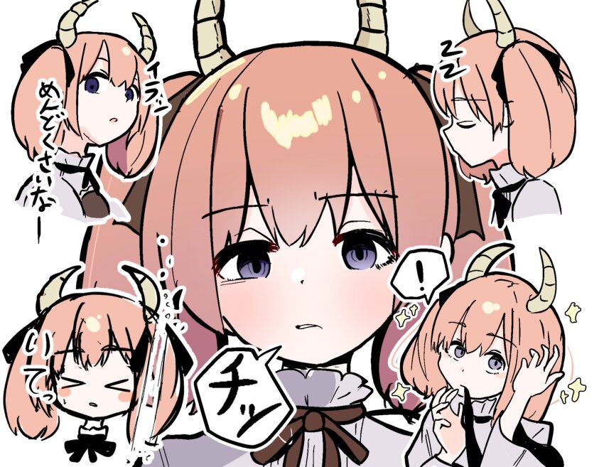 ! &gt;_&lt; 1girl brown_ribbon closed_eyes commentary_request demon_girl demon_horns expressionless hair_ribbon highres horns linie_(sousou_no_frieren) looking_at_viewer mazetama mouth_hold multiple_views pink_hair purple_eyes ribbon short_hair simple_background sleeping sousou_no_frieren spoken_exclamation_mark translation_request twintails tying_hair white_background zzz