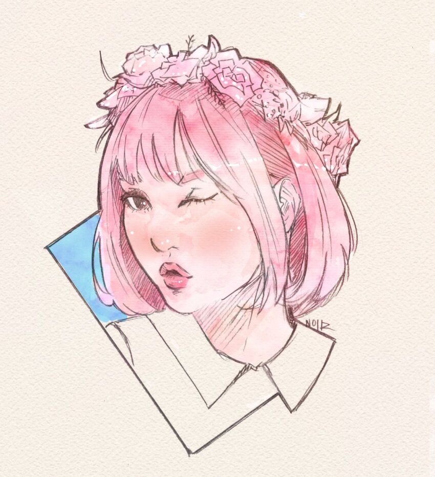 1girl andres_labrada bob_cut commentary cropped_torso eunha_(gfriend) flower_wreath gfriend highres k-pop one_eye_closed painting_(medium) pink_hair pink_lips real_life shirt short_hair sidelocks signature simple_background solo traditional_media watercolor_(medium) white_shirt wing_collar