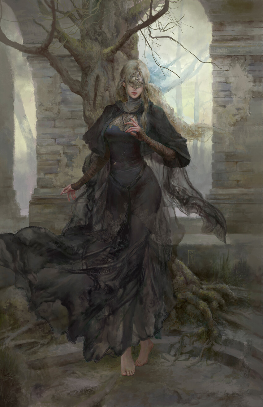 1girl barefoot black_capelet black_dress blonde_hair capelet christian_angel dark_souls_(series) dark_souls_iii dress eye_mask fire_keeper full_body highres jewelry long_hair outdoors pendant realistic solo standing tree